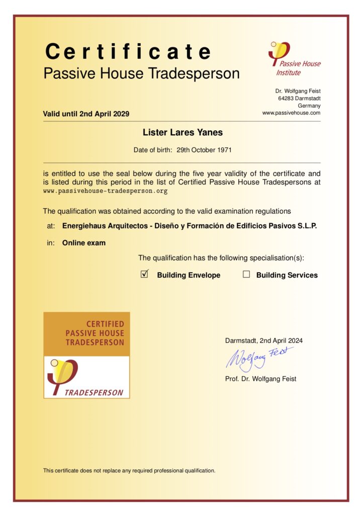 Certificado Passive House Tradesperson Oficial Lister Lares Yanes